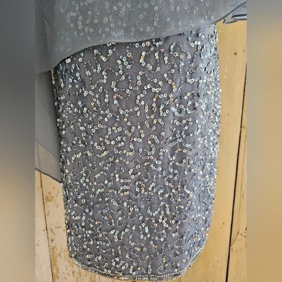 JKARA Blue Sequence Asymmetrical Cape/Shawl Flutter Sleeves Sheath Dress-Size 6P - Picture 3 of 9